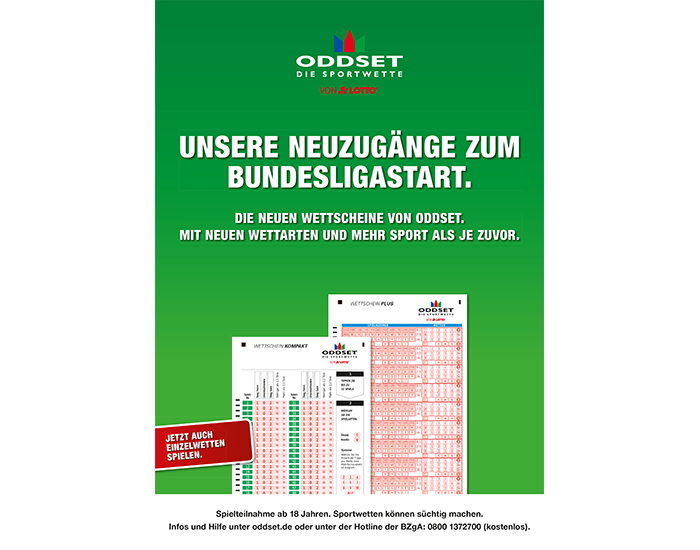 2013: Zum Bundesliga-Start 2013/14 erweitert ODDSET sein Wettangebot und ersetzt seine alten Wettscheine durch die Wettscheine KOMPAKT und PLUS. Das neue Wettangebot von ODDSET bietet mehr Auswahl. Zu jedem Spiel gibt es jetzt mehr Wettarten. Zusätzlich wird das Wettprogramm um neue Sportarten, Turniere und Ligen erweitert.