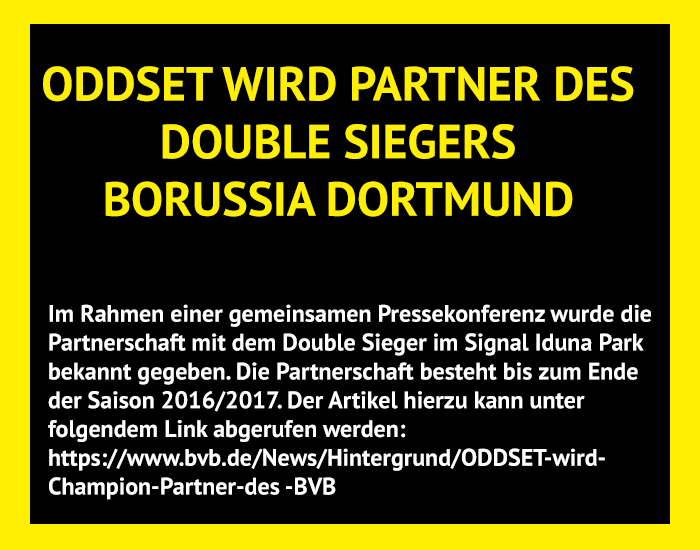 2012: Zur Bundesliga Saison 2012/2013 wird ODDSET Champion Partner von Double Sieger (Deutscher Meister und DFB-Pokal) Borussia Dortmund.