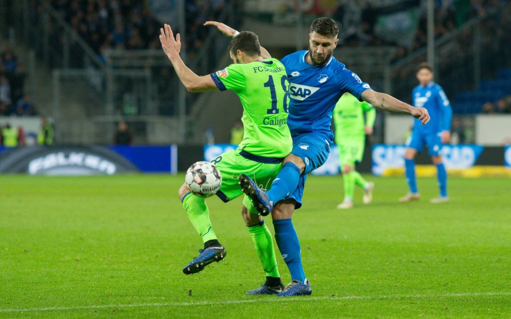 Sinsheim, Deutschland, 01.12.2018, 1. Bundesliga 13. Spieltag, TSG 1899 Hoffenheim - FC Schalke 04, Daniel Caligiuri (S04) und Ermin Bicakcic (TSG) im Zweikampf