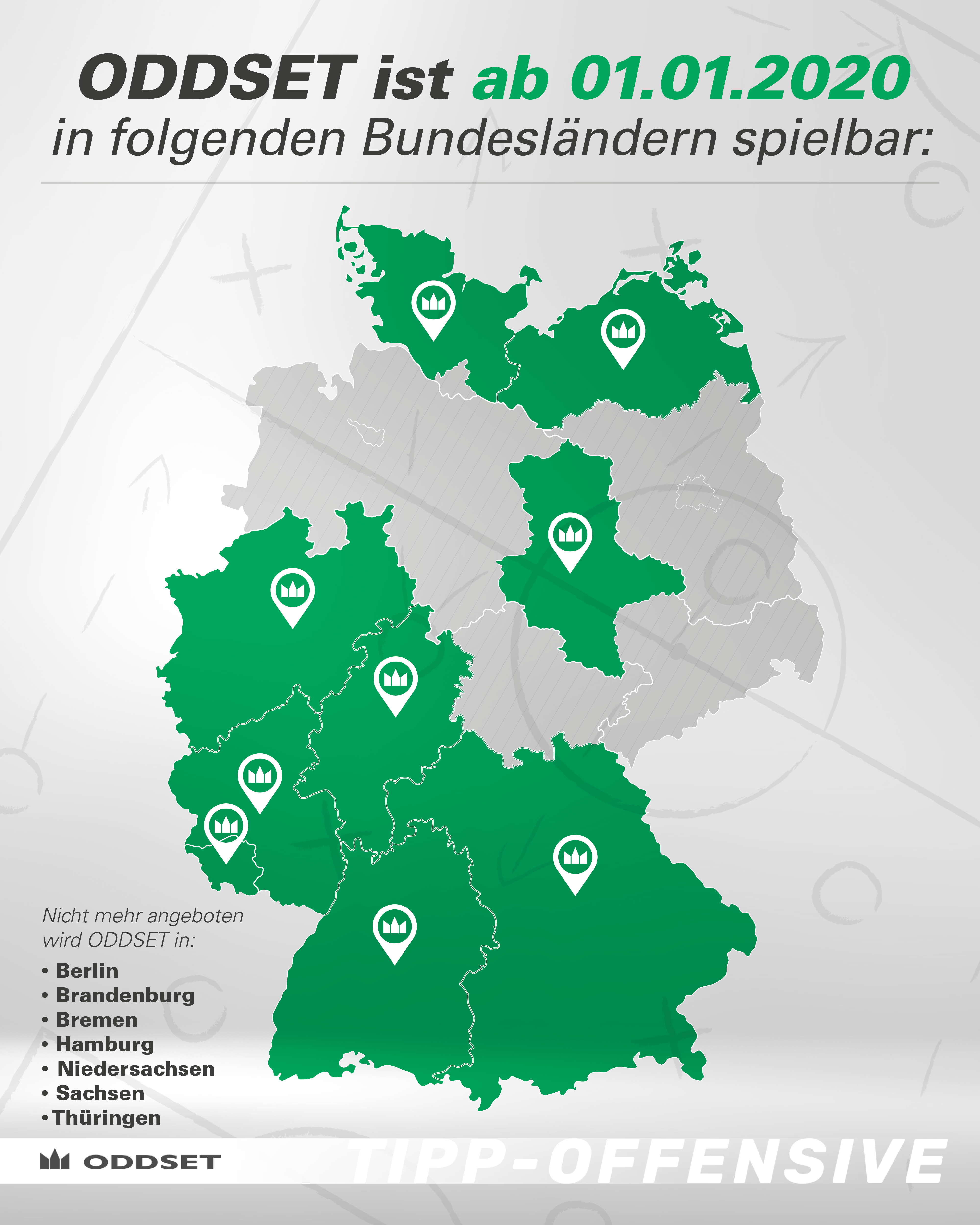 In diesen Bundesländern kann man ab dem 1. Jan 2020 ODDSET in den LOTTO-Annahmnestellen spielen.