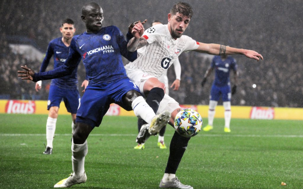 Football - 2019 / 2020 UEFA Champions League - Group H: Chelsea vs. Lille OSC N Golo Kante of Chelsea and XEKA of Lille, at Stamford Bridge.